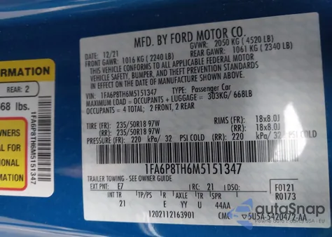 2021 Ford Mustang Ecoboost Fastback из США, поврежденный, VIN 1FA6P8TH6M5151347